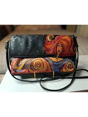 Vintage Custom Artisan ILI Hand-Painted Black Leather Shoulder Bag by Cindee